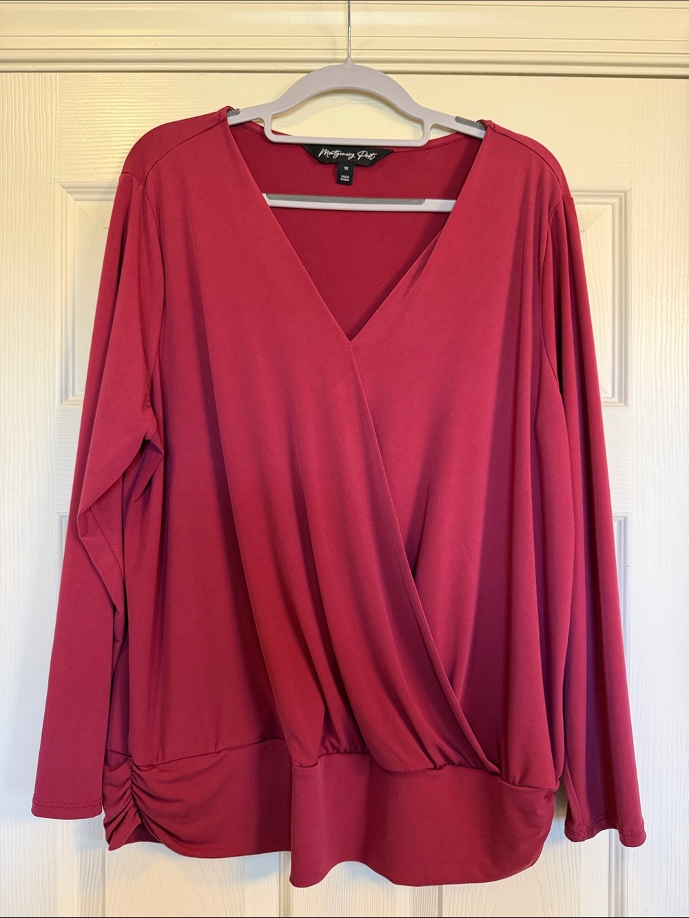 Red Draped V-Neck Blouse